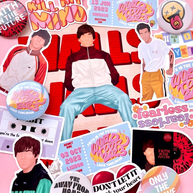 Louis Tomlinson product collection including art prints, stickers and pins