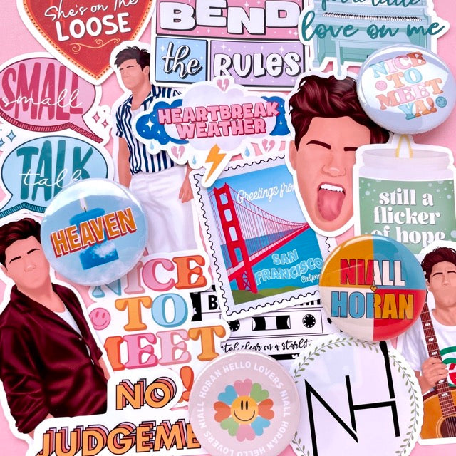 niall horan product collection including stickers and pins