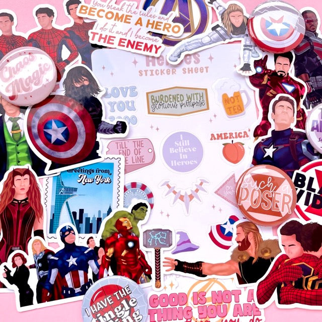 Marvel heroes product collection including stickers, pins and sticker sheets